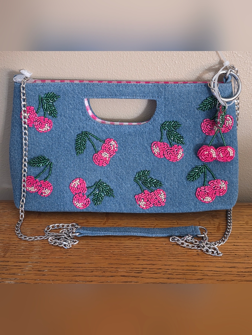 HANDMADE IN INDIA BLUE DENIM BEADED CLUTCH BAG W/ BAG CHARM *CHERRIES* NEW - Picture 2 of 16